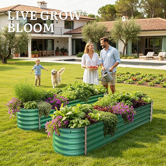 YITAHOME 8x2x1.5ft Galvanized Oval Raised Garden Bed, Metal Planter Box with Safety Rubber, Gloves, Outdoor Flower Bed for Planting Plants Vegetables, Green