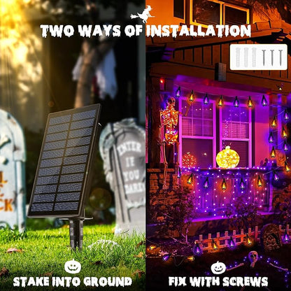 iBaycon 42Ft 15 LED Solar Flame Halloween String Lights, Warm White+Purple | Ultra-Real Flickering Flame Lamp Outdoor Waterproof, Solar Patio String Lights for Garden Yard Lawn Halloween Decorations