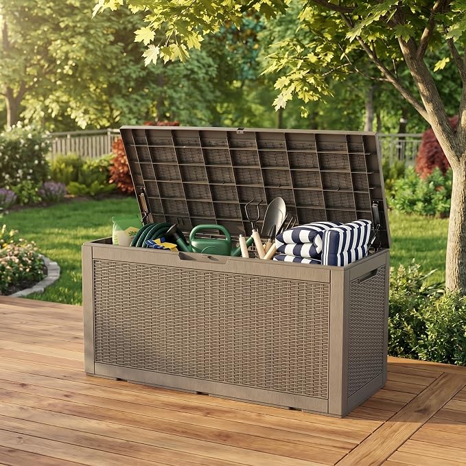 100 Gallon Deck Box, Waterproof Resin Rattan Outdoor Storage Box Lockable for Patio, Fade Resistant Outdoor Side Table & Organizer for Garden Tools, Pool Floats, Outdoor Cushions, Light Coffee
