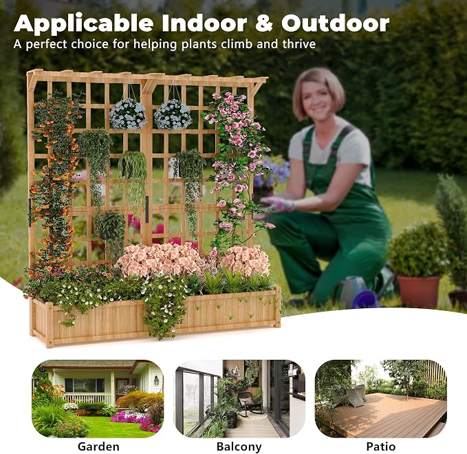 Two-Tier Wooden Planter Box with Trellis, Elevated Raised Garden Bed for Flowers and Vegetables, 1.4 Ft Deep Pot with Roof & Drainage