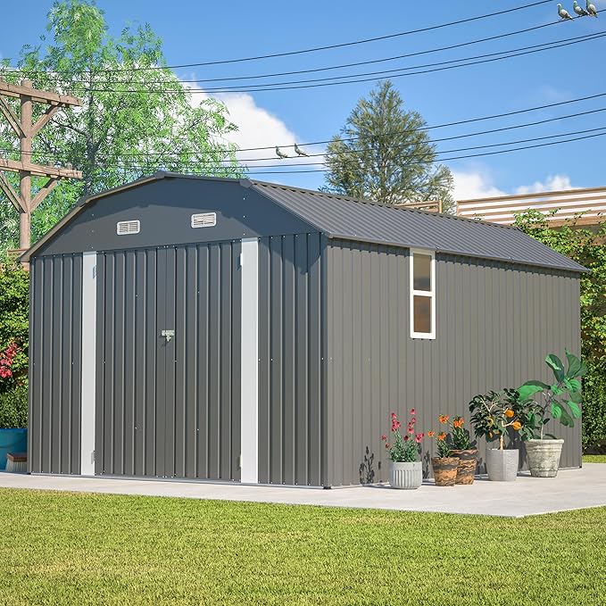 YOPTO 10×12 FT Outdoor Storage Shed,Heavy-Duty Metal Shed with Floor Base,All Weather Waterproof Tool Shed W/Diamond Roof & Windows,Lockable Double Door & 4 Air Vents,for Backyard,Patio,Lawn,Gray