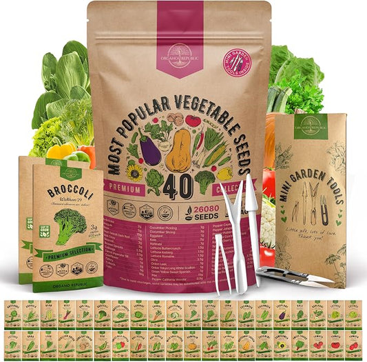 Organo Republic 40 Vegetable Seeds Variety Pack - 26000 Non GMO Heirloom Seeds for Planting Vegetables & Fruits in Bulk Individual Seed Packets, Home Garden Seeds for Hydroponic, Indoor & Outdoors
