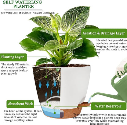Self Watering Pots for Inoor Ourdoor Plants 10/9/8/7/6.5 Inch Plastic Planters with Drainage Holes & Water Level Indicator, Decorative House Flower Nursery Planting Pots with Saucers (White)