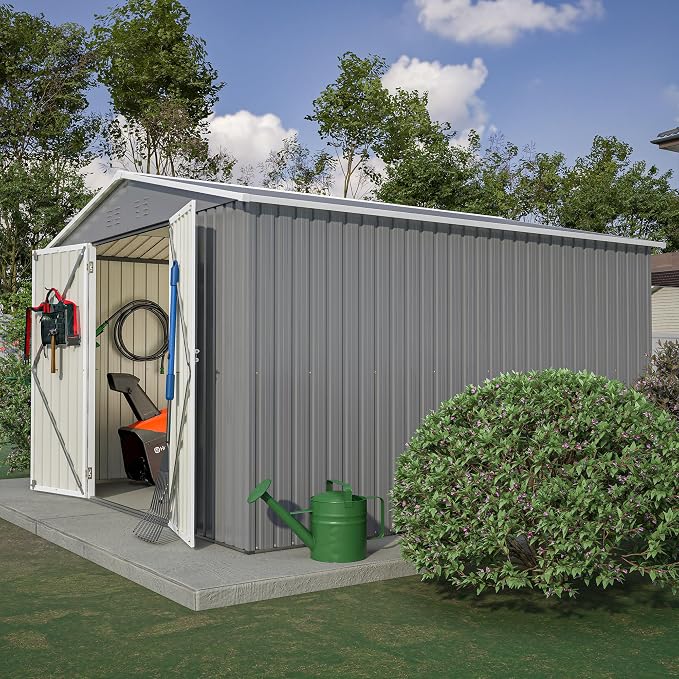 YOPTO 10x10 FT Outdoor Storage Shed,Large Metal Tool Sheds with Updated Frame Structure and Lockable Doors, Garden Shed for Backyard Patio Lawn,Grey