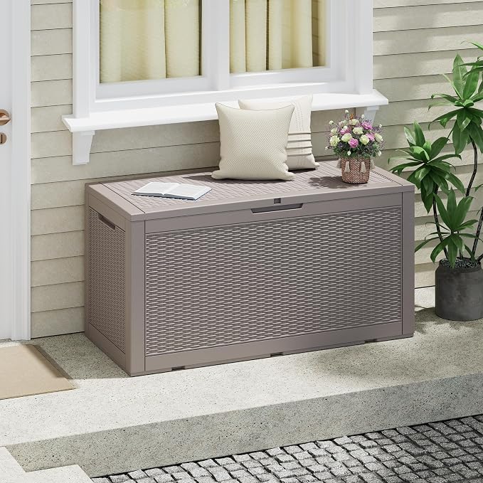NUNU LAB 100 Gallon Large Waterproof Resin Deck Box, Lockable Outdoor Storage Box with Gas Lift, Patio Cushions, Garden Tools, Pool Supplies, Indoor Outdoor Storage Container, Grey