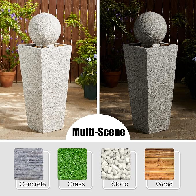 Glitzhome Outdoor Water Fountain with LED Light, Modern Oversized Sphere Pedestal Water Fountain with Submersible Pump, Modern Geometric Outdoor Fountains for Garden Patio Porch, 40.25" H