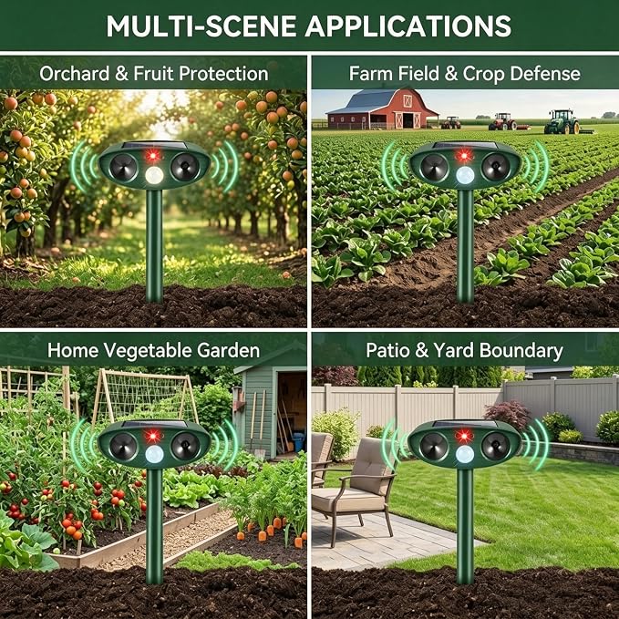 4 Pack Solar Ultrasonic Animal Repellent Outdoor Deer Repellent Devices Squirrel Cat Deterrent with Motion Sensor Waterproof Rabbit Repellent Raccoon Fortress Pro for Plants Garden Yard