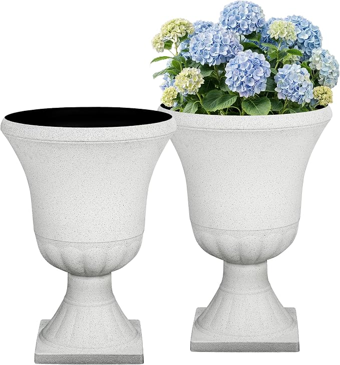 2-Pack 22" White Terrazzo Plastic Urn Planters with Drainage Holes | Set of 2 PP urn planters with white terrazzo finish, drainage plugs, UV-treated surface, and KD base for porch or patio