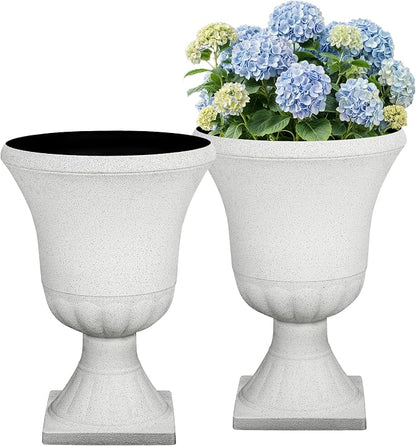 2-Pack 22" White Terrazzo Plastic Urn Planters with Drainage Holes | Set of 2 PP urn planters with white terrazzo finish, drainage plugs, UV-treated surface, and KD base for porch or patio
