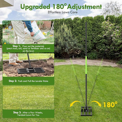 Seeutek Lawn Leveling Rake, 17" x 10" Heavy Duty Ground Leveler | with 0-180° Adjustable Handle, 6.5FT Steel Handle Lawn Leveler for Yard Garden Golf, Ease Level Soil Sand Dirt Surface
