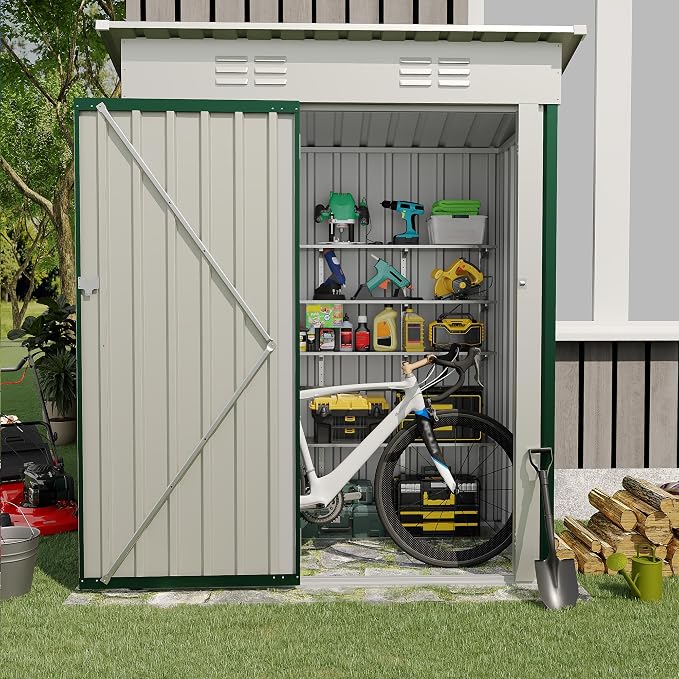 Garvee 5x3 FT Outdoor Storage Shed, Tool Shed with Sloping Roof and Lockable Door, Compact Metal Tool Garden Shed for Garden, Backyard, Patio