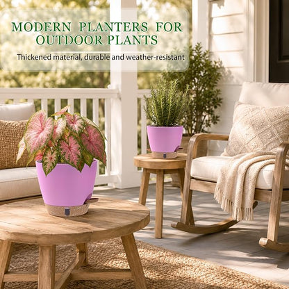 Self Watering Pots for Inoor Ourdoor Plants 8/7/6.5/6/5 Inch Plastic Planters with Drainage Holes & Water Level Indicator, Decorative House Flower Nursery Planting Pots with Saucers (Dusty Lavender)