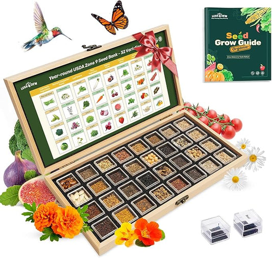 Lush&Dew Zone 9 Seed Bank, Gardening Gifts for Women Men, 32 Type USA Seeds | Non-GMO Heirloom Seeds for Planting Vegetables Herbs Fruits, Gift for Mom Dad, Survival Seed Kit for Raised Garden Beds