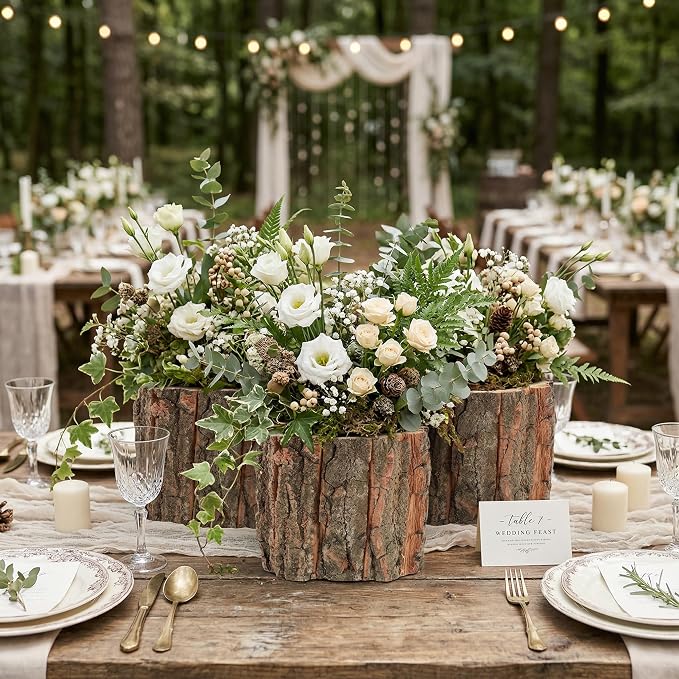 Wooden Vase for Centerpieces, 6 Pack Wood Flower Vase Rustic Tree Stump Planter Pots, Wooden Bark Flower Bucket for Wedding Farmhouse Christmas Table Decor, Round Bark Stump Pots - 3.6x3.6x3 inch