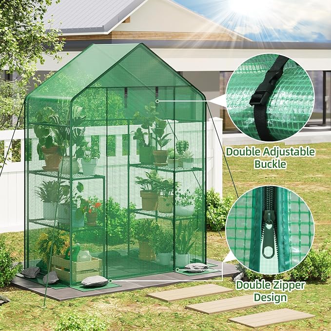 Superlele Walk-in Greenhouse for Outdoor, 56x29x77 Inch Portable Garden Green House with 6 Tiers (3 Tiers Each Side), Reinforced Green PE Mesh Cover, 4 Ground Stakes for Stability, Zippered Door