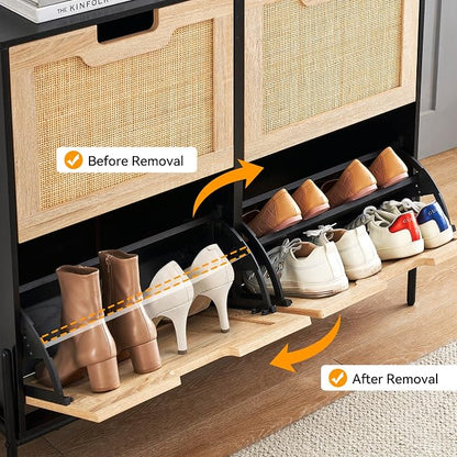 coucheta 4 Flip Drawers Shoe Storage Cabinet, Rattan Shoe Organizer with Metal Legs, Freestanding Narrow Shoe Rack Cabinet for Entryway, Black