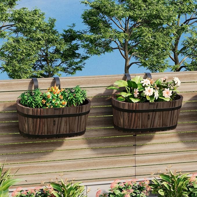2PACK Railing Planter Box Wood Hanging Flower Pots for Railing Fence Outdoor Balcony Planters for Wall Window Flower Box Hanging Bucket Pots Countryside Plant Holder (Carbonized,2pcs,Large)