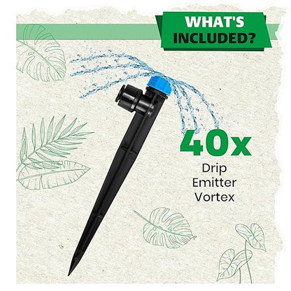 Bonviee 40-Pack 1/4-Inch Quick-Connect Adjustable Drip Emitters, Stream | Push-to-connect stakes deliver targeted watering for vegetables, shrubs, flower beds, and garden plants.