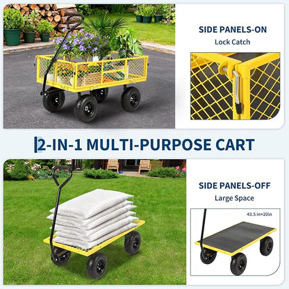 900 Lbs Heavy Duty Steel Garden Cart, Garden Wagon Cart on Wheels, Outdoor Metal Yard Utility Wagon Carts with and Mesh Removable Sides and 180°Rotating Handle,Red