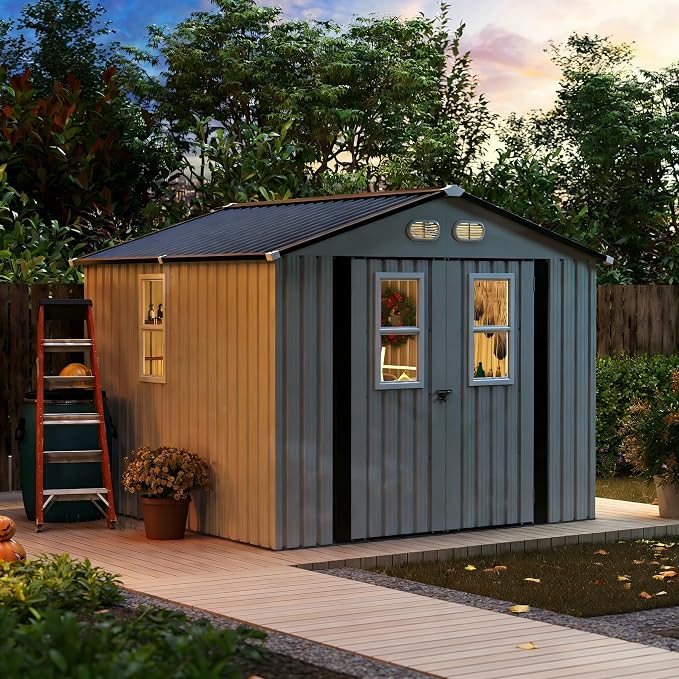 PVWIIK 8x8 ft Metal Outdoor Storage Shed with 4 Window, Lockable Waterproof All-Weather Utility Shed for Garden Tools & Trash Bins, White