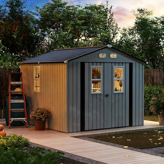 PVWIIK 8x8 ft Metal Outdoor Storage Shed with 4 Window, Lockable Waterproof All-Weather Utility Shed for Garden Tools & Trash Bins, White