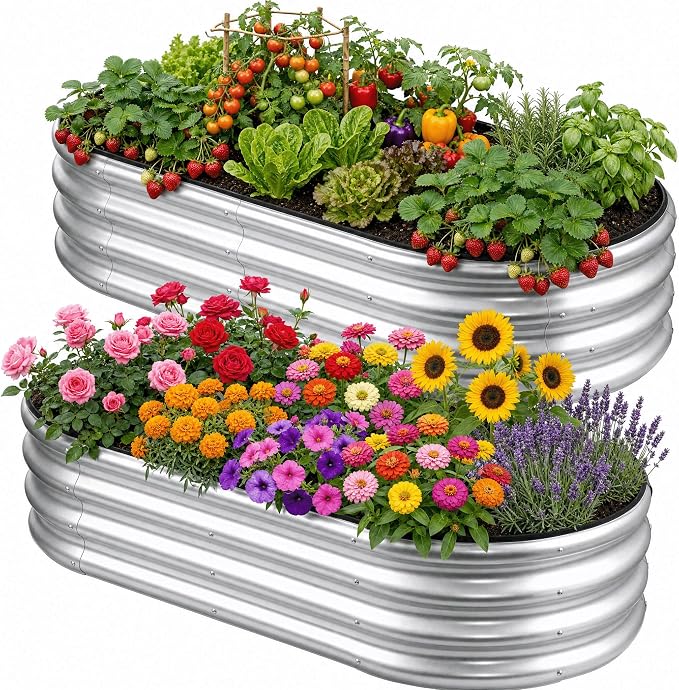 4x2x1 FT Galvanized Raised Garden Bed Kit, Open Bottom Design Metal Planter Box Outdoor, Planters for Outdoor Plants, Flower, Vegetables, Herbs (Galvanized,2PCS)