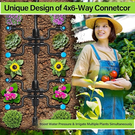 Bonviee 50FT 5/16 Inch Mainline Tubing with 6-Way Couplers, 4-Pack | Compact Mainline Kit for DIY Irrigation. Four Push-to-Connect 6-Way Couplers Help Create Branches in Raised Beds and Gardens.