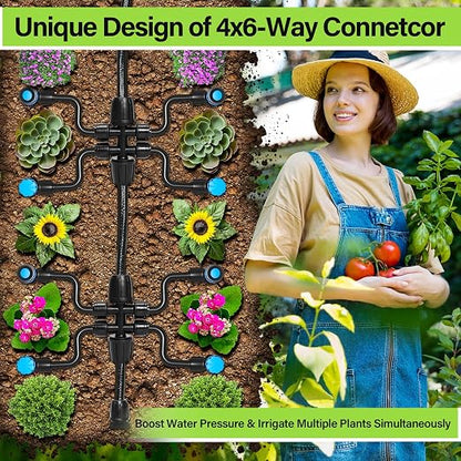 Bonviee 50FT 5/16 Inch Mainline Tubing with 6-Way Couplers, 4-Pack | Compact Mainline Kit for DIY Irrigation. Four Push-to-Connect 6-Way Couplers Help Create Branches in Raised Beds and Gardens.