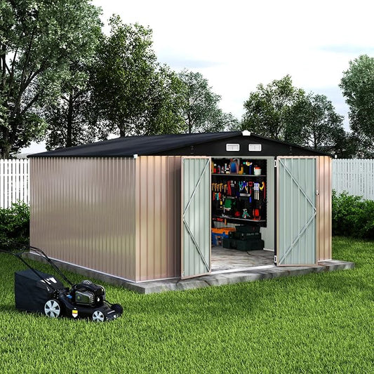 GarveeLife 12x12x6.4 ft Outdoor Storage Sheds, Metal Garden Tool Shed for Backyard, Large Metal Sheds Outdoor Storage With Lockable Doors & Air Vents for Backyard Garden Patio Lawn