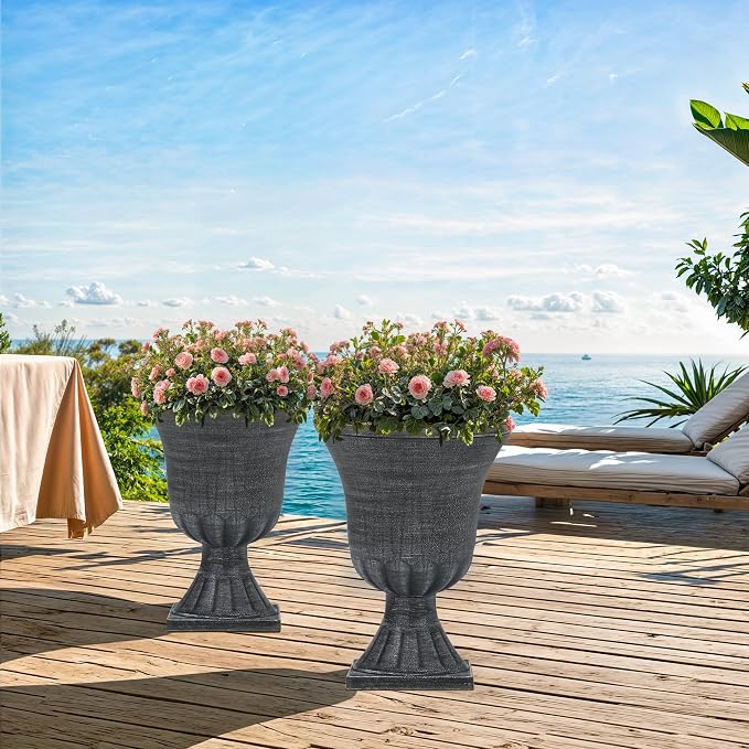 2-Pack 22" Washed Black Plastic Urn Planters with Drainage Holes | Set of 2 PP urn planters with antique washed finish, 3D texture, drainage plugs, and UV-treated surface for porch or patio