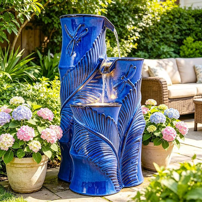Autodaya 25.5" Ceramic Outdoor Water Fountain with LED Lights, Bamboo-Style | Unique Cobalt Blue Natural Leaf Dragonfly Texture Water Feature, 3-Tier Cascading Waterfall for Garden Patio Yard Relax Oasis