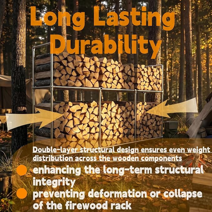 8ft Heavy Duty Tall Firewood Rack with Dual-Tier Structural Design | Constructed with Galvanized Steel Pipes and Featuring a Firewood Rack Cover,Load-bearing Capacity 4,800 lbs,Indoor/Outdoor