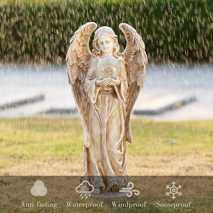 TERESA'S COLLECTIONS Large Angel Garden Statues with Solar Outdoor Light for Outdoor Decor, Fairy Figurine Resin with Wing & Glass Ball for Garden Decor, Yard Decor Lawn Ornament Gifts for Mom, 23"