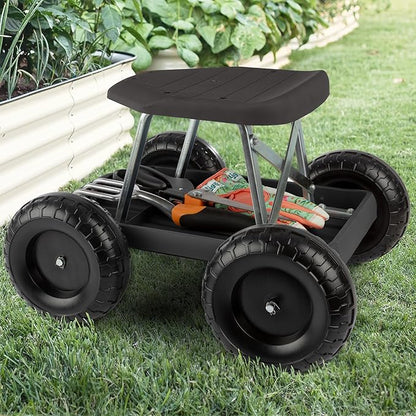 Gardening Stool - Rolling Garden Seat with Wheels and Storage Tool Tray - Garden Cart Scooter - Yard Tools by Pure Garden (Black)