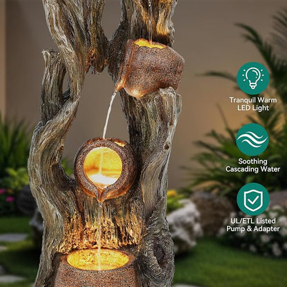 AUTODAYA 42.7" 3-Tier Outdoor Water Fountain LED Tree Trunk Jar Waterfall | Rainforest feature,terra-cotta jar accents, garden patio yard decor