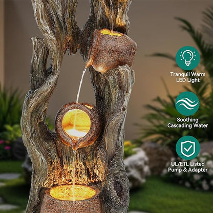 42.7" 3-Tier Outdoor Water Fountain LED Tree Trunk Jar Waterfall | vintage terra-cotta pots, patio backyard garden,Serene Relaxing Porch Decor