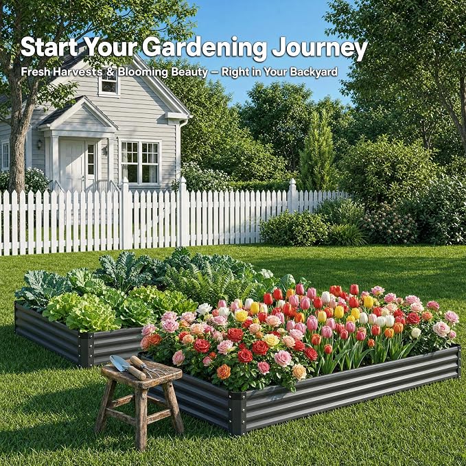2PCS 6x3x1 FT Rectangle Metal Raised Garden Bed Kit, 0.5mm Thickened Dark Gray Color-Coated Galvanized Steel Outdoor Planter Box, Elevated Metal Raised Planters for Flowers, Vegetables, Fruits, Herbs