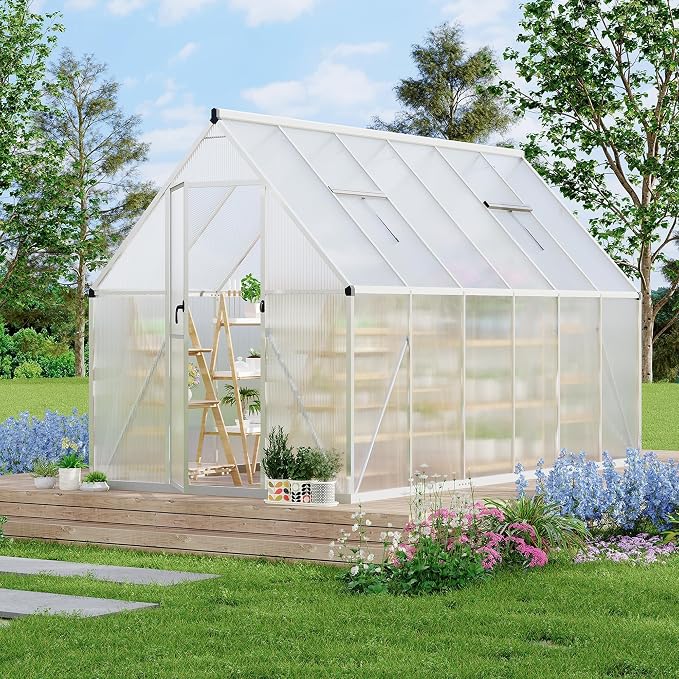 CABIHOME 6X 11 FT Outdoor Greenhouse, Polycarbonate Greenhouse with Roof Vent and Ground Nails, Aluminum Large Walk-in Green House w/ Lockable Push Door for Outdoor Garden (Sliver, 6x11 FT)