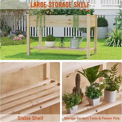 GHWIE Raised Garden Bed with Shelf,Elevated Wooden Planter Box with Legs,Garden Planter for Backyard, Patio, Balcony,200lb Capacity - Natural