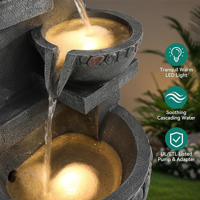 33" H 4-Tier Pebble Textured Fountain Outdoor with Warm LED Lights | Modern Water Feature Outdoor with Soothing Cascading Waterfall for Patio, Backyard, Garden or Porch