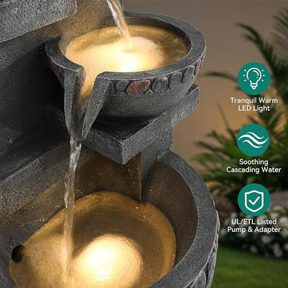 33" H 4-Tier Pebble Textured Fountain Outdoor with Warm LED Lights | Modern Water Feature Outdoor with Soothing Cascading Waterfall for Patio, Backyard, Garden or Porch