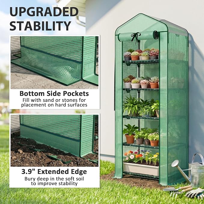 Outsunny 5 Tier Mini Greenhouse with Screen Roof, 27.6" x 19.7" x 75.6", Portable Small Greenhouse with High Strength PE Cover, Roll-Up Zipper Door for Garden Yard Backyard, Green