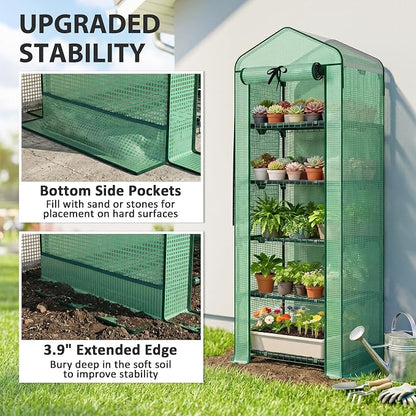 Outsunny 5 Tier Mini Greenhouse with Screen Roof, 27.6" x 19.7" x 75.6", Portable Small Greenhouse with High Strength PE Cover, Roll-Up Zipper Door for Garden Yard Backyard, Green