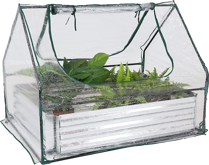 Sunnydaze Steel Raised Garden Bed with Mini Greenhouse - Outdoor Greenhouse Kit - 2 Zippered Doors - Clear - 4' x 3'