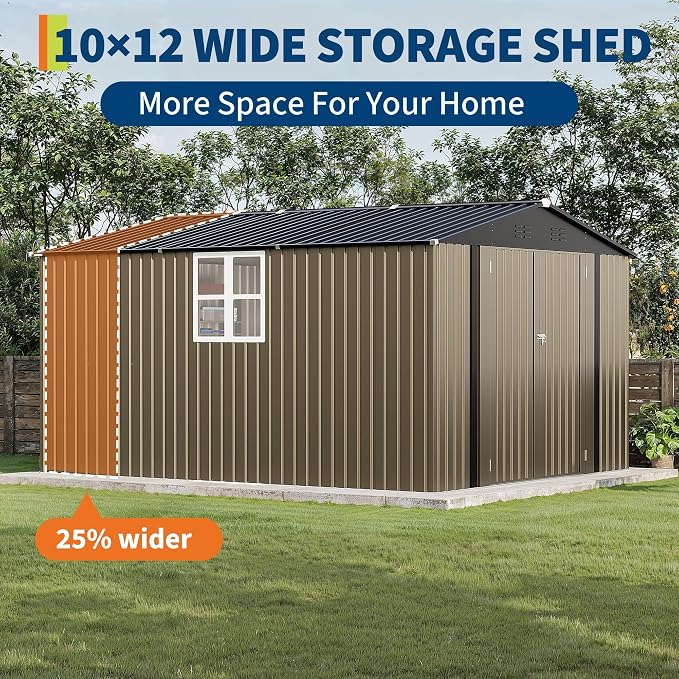 10X12 FT Storage Shed，Lockable Gable Roof Garden Shed with Grid Window, All-Weather Resistant Storage Unit for Bikes, Ladders, Patio Supplies & Garden Essentials