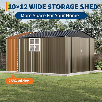 10X12 FT Storage Shed，Lockable Gable Roof Garden Shed with Grid Window, All-Weather Resistant Storage Unit for Bikes, Ladders, Patio Supplies & Garden Essentials