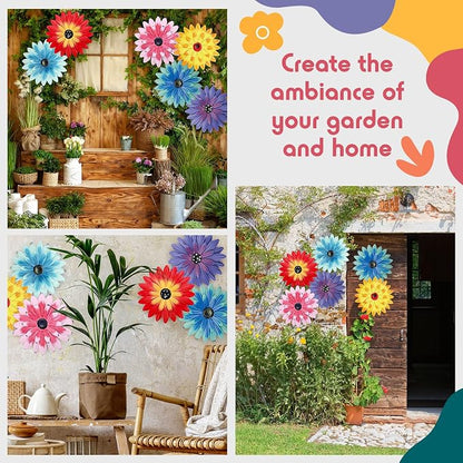 Zhehao 6 Pcs Metal Flower Wall Art Decor 10 Inch Sunflower Wall Decorations Hanging Outdoor Art Multicolored Handmade Metal Flowers Outdoor Decor(Cute Color)