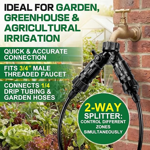 12 Pcs Drip Irrigation Kit, Included 2 Way Y Water Splitter Connector, 4 Pcs 25 PSI Garden Hose Pressure Regulator and 4 Pc 1/4 Inch Irrigation Tubing Hose Adapter for Drip Irrigate System