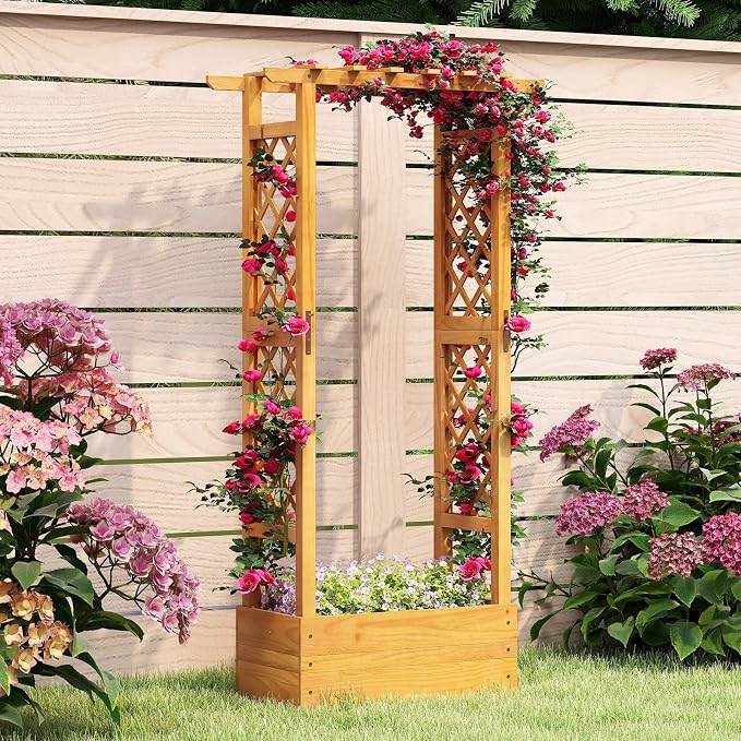 S AFSTAR 2 Pieces Wooden Raised Garden Bed with Trellis, 60" Elevated Planter Box with Hanging Roof & Open-Ended Base for Climbing Vine Flower Herb Vegetable, Outdoor Plant Container for Patio & Yard