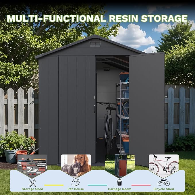 Greesum 6x8FT Plastic Outdoor Storage Shed with Floor, Resin Sheds with Lockable Double Door, Tool Sheds with Window and Vents, for Garden, Yard, Patio, Dark Gray